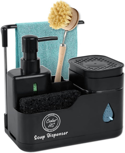 Kitchen Hand and Dish Soap Dispenser Set (Black) – Dual Pump Bottles with Sponge Caddy, Brush Holder, Towel Bar & Drain Rack – Space-Saving Countertop Organizer for Sink & Bathroom