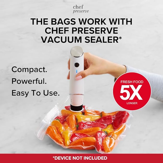 Chef Preserve Reusable Vacuum Sealer Bags for Food – 30 BPA-Free Small (8 x 10 in) Food Storage Bags, Freezer, Microwave – Odor-Resistant, Leak-Proof – Compatible with Chef Preserve Vacuum Sealers