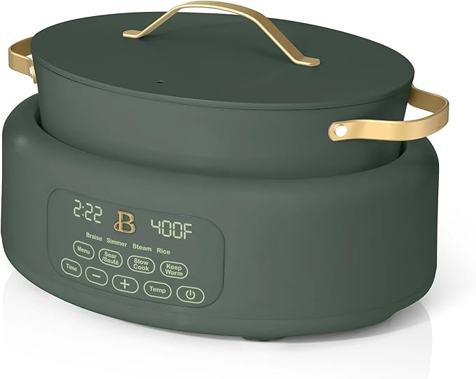 Beautiful 10-in-1 Electric Multi-Cooker by Drew Barrymore, 6-quart, digital display, 10 cooking functions, non-stick pot, easy one-touch control (Thyme Green)