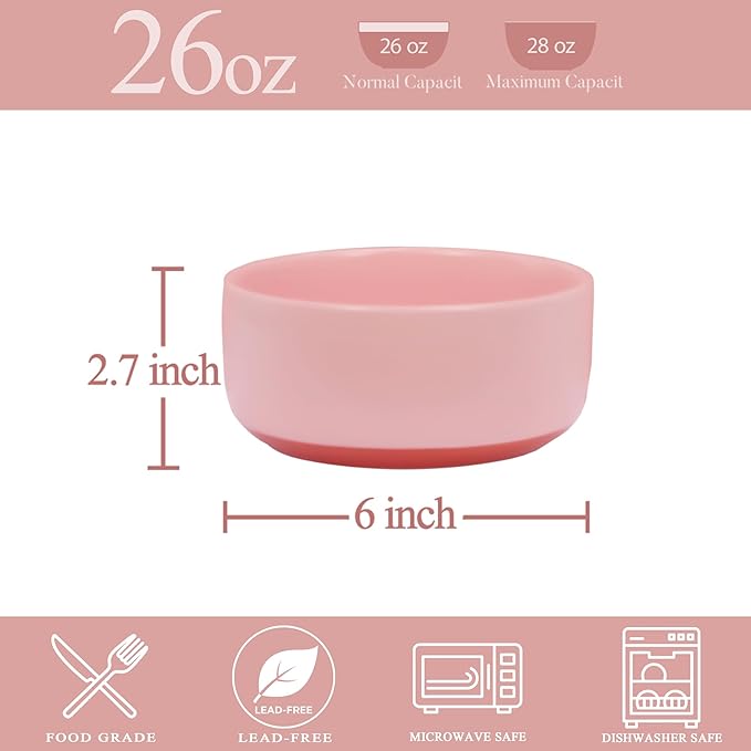 Stoneware Cereal Bowls Set of 4, 6 Inch Deep Bowl for Oatmeal, Soup, Ceramic Bowls Sets, Microwave Safe, Dishwasher Safe, Versatile for All Seasons, Pink