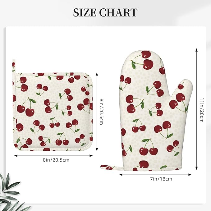 Cherry Berries Oven Mitts and Pot Holders Set of 4 Silicone Watercolor Cherries Kitchen Mitten Gloves and Non-Slip Potholders Set Heat Resistant Oven Gloves Hot Holders for Kitchen