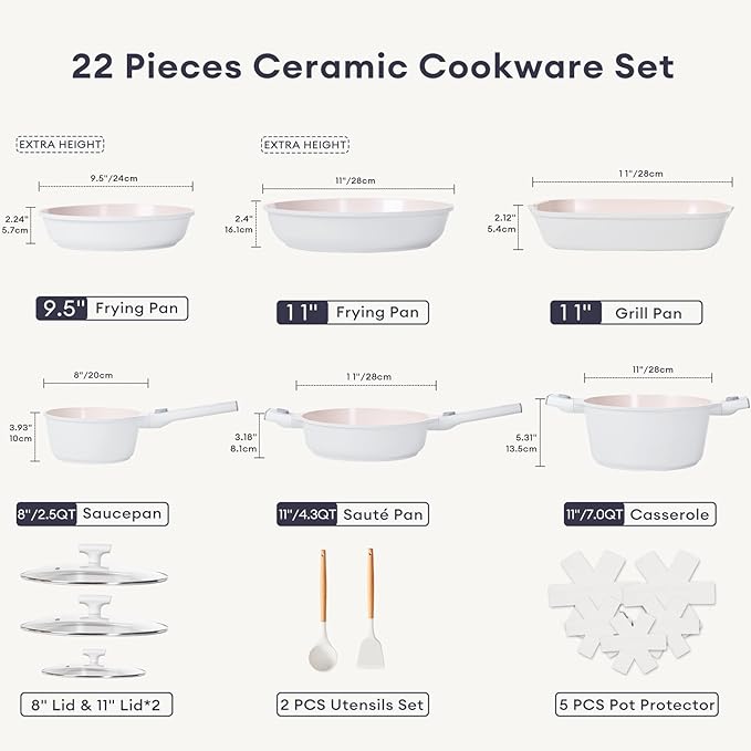 JEETEE Nonstick Pots and Pans Set with Removable/Detackable Handle (Beige, 22 Pcs)