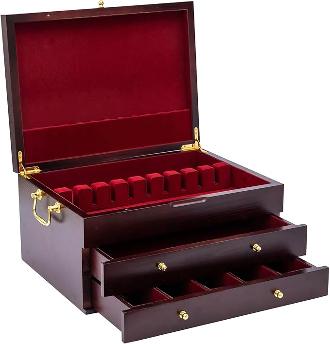 GENRICE Wooden Silverware Chest without Silverware Three-layer, Silverware Box Storage for Silver, Silverware Case with Handle and Felt Lined, Flatware Chest for 12 or 16 or more sets of Utensils