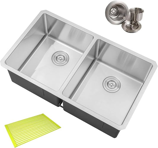 32 in. x 19 in. x 10 in. 16-Gauge Stainless Steel Undermount 50/50 Double Bowl Kitchen Sink with Silicon Dishrack and Strainer