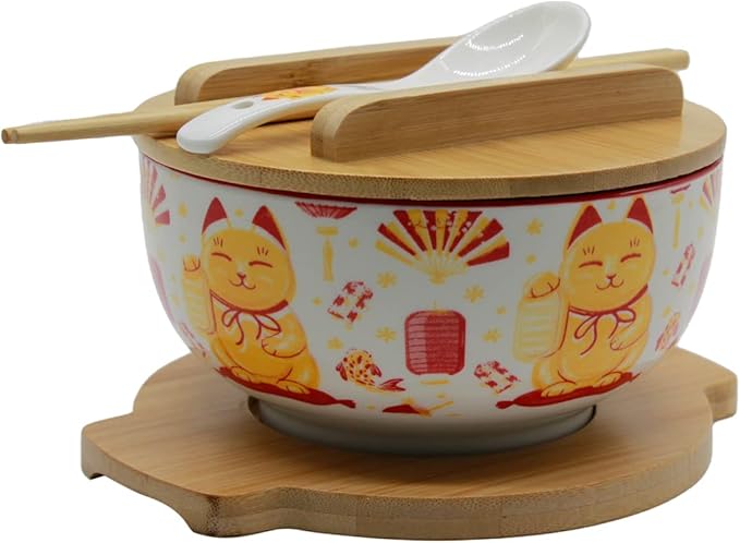 XWORLD Japanese Ceramic Ramen Noodle Bowls Set with Ceramic Spoon, Bamboo Chopsticks, Lid & Trivet, Serving Capacity of 33.8 OZ, Microwavable Oven Safety (3.3” x 6.6” D) (Lucky Cat)