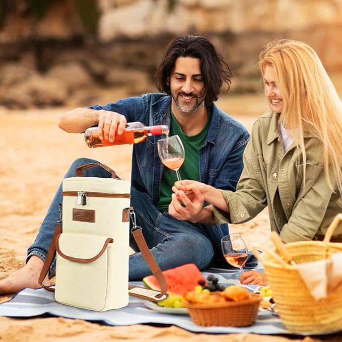 Tirrinia 2 Bottle Wine Gift Tote Carrier - Leakproof & Insulated with large pockets Wine Cooler Bag for Travel, Wine Tasting, Party, Dinner, Great Gift for Wine Lover