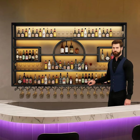 63" Wall Mounted Wine Rack with LED Light, 4 Tiers Bottle & Glass Holder, Metal Retro Wine Stand, Liquor Bottles Display Wall Storage Organizer, for Kitchen Dining Room Home Bar,63x8x51 inch