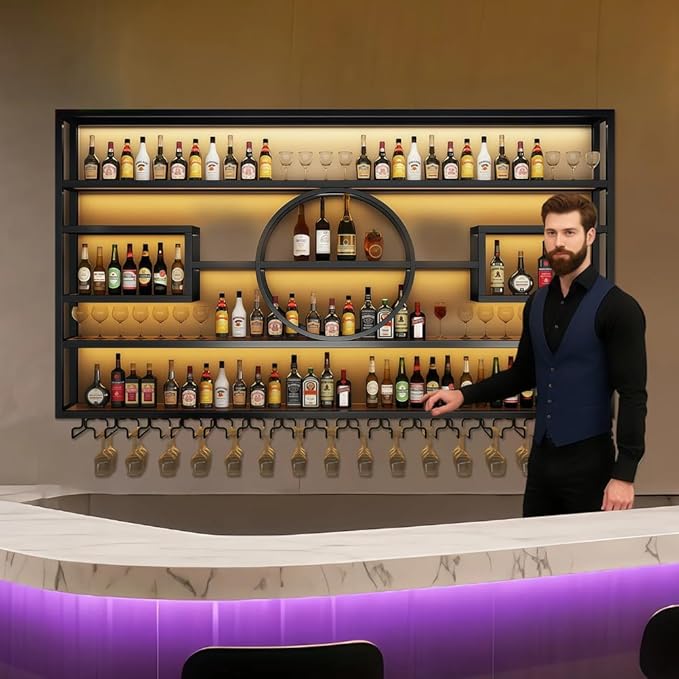 55" Wall Mounted Wine Rack with LED Light, 4 Tiers Bottle & Glass Holder, Metal Retro Wine Stand, Liquor Bottles Display Wall Storage Organizer, for Kitchen Dining Room Home Bar,55x8x51 inch