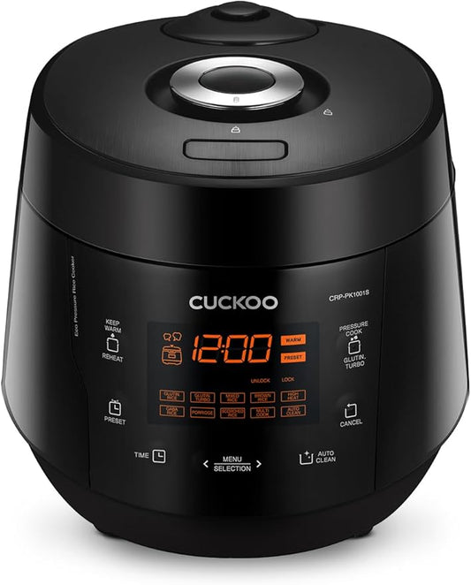 CUCKOO High Pressure Rice Cooker 10-Cup Uncooked / 20-Cup Cooked with Nonstick Inner Pot, Large Rice Maker with 13 Menu Options and Steam Plate, Fuzzy Logic Tech, Auto Clean, Black (CRP-PK1001S)