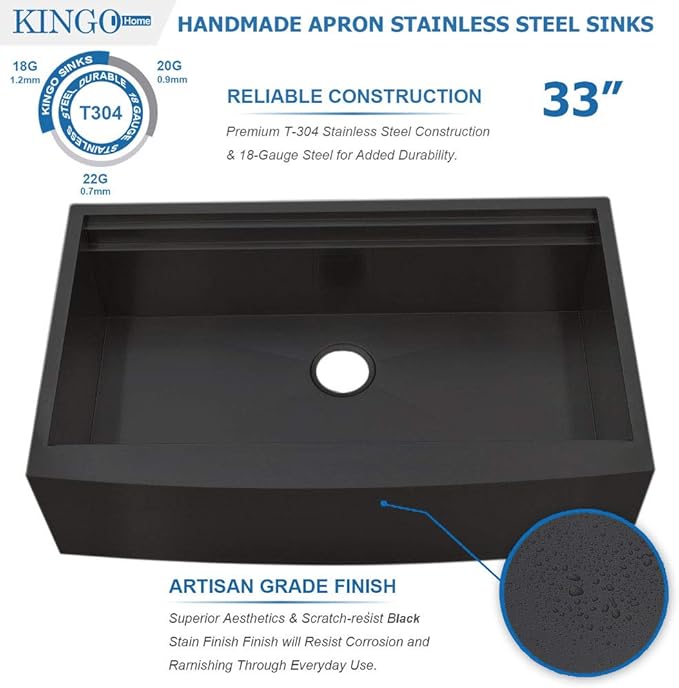 33 inch Black Farmhouse Sink, 16 Gauge Double Ledges Stainless Steel Farmhouse Kitchen Workstation, Apron Front Deep Single Bowl Kitchen Farm Farmer Style Sinks 33"x20"x9