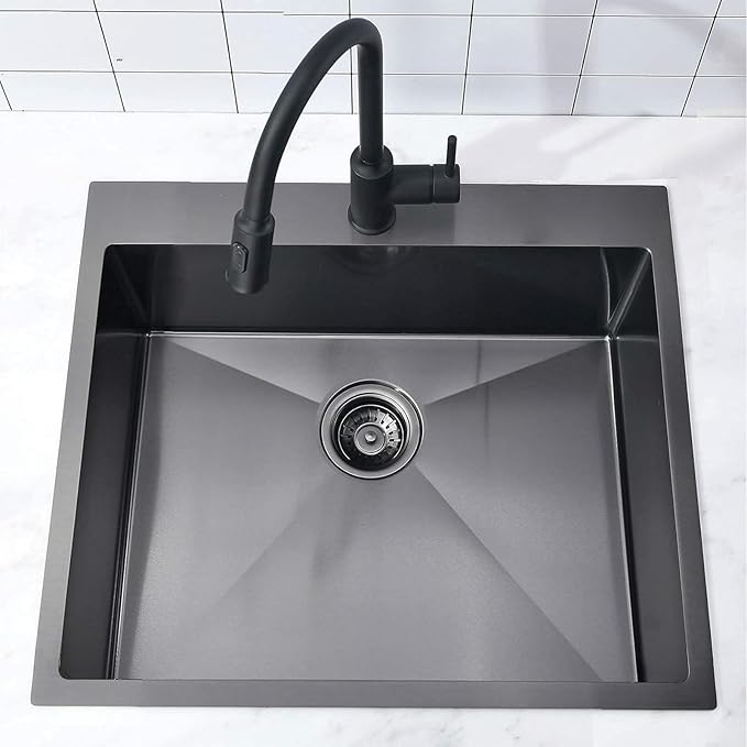 25x22 Inch Black Drop In Kitchen Sink, 25 Inch Gunmetal Black RV Laundry Utility Sinks, Top Mount 16 Gauge Stainless Steel Single Bowl Deep Small Kitchen Sink