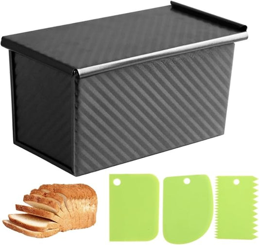 1lb Bread Pan with Dough Scraper Cutter, 8.4 X4.8inch Black Bread Loaf Pan, Rectangular Covered Metal Pullman Loaf Pan with Lid for Homemade Sandwich Bread