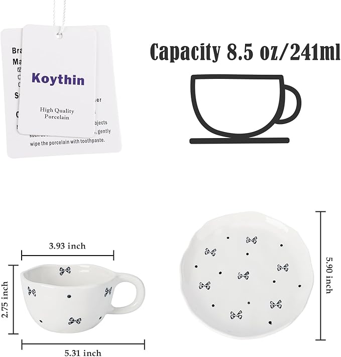 Koythin Ceramic Coffee Mug with Saucers, Handmade Flowers Mugs, Cute Cup for Girl Women, Aesthetic Tea Milk Cup with Handle, 8.5 oz/250 ml for Latte, Cocoa, Office, Home (Black Small Bow)