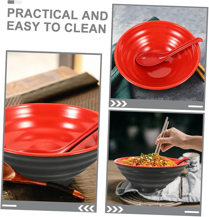 Large Melamine Ramen Bowl with Spoon Reusable Food Container for Rice Instant Noodles Desserts Kitchen Bowls Microwave Safe Decorative and Easy to Clean for Japanese and Asian