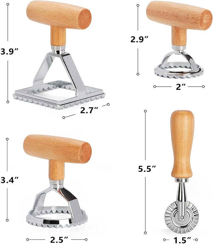 HULISEN Ravioli Stamp with Pasta Cutter Wheel, Ravioli Maker with Wooden Handle, Press Mold Kitchen Accessories, Gift Package(Set of 4)