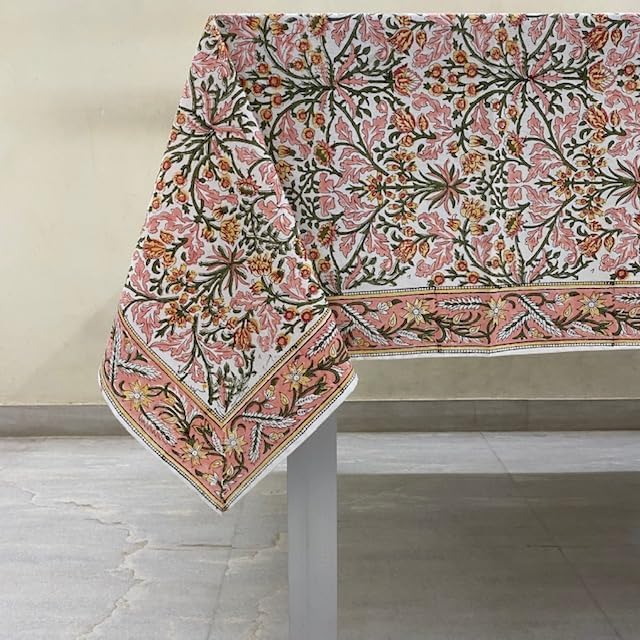 Ridhi Sassy Salmon Pink Hand Block Print Cotton Rectangle Tablecloth 108 x 70 inch-Reusable Table Cover Decorative Everyday Use for Dining Room, Farmhouse, Thanksgiving, Christmas Wedding, Fall
