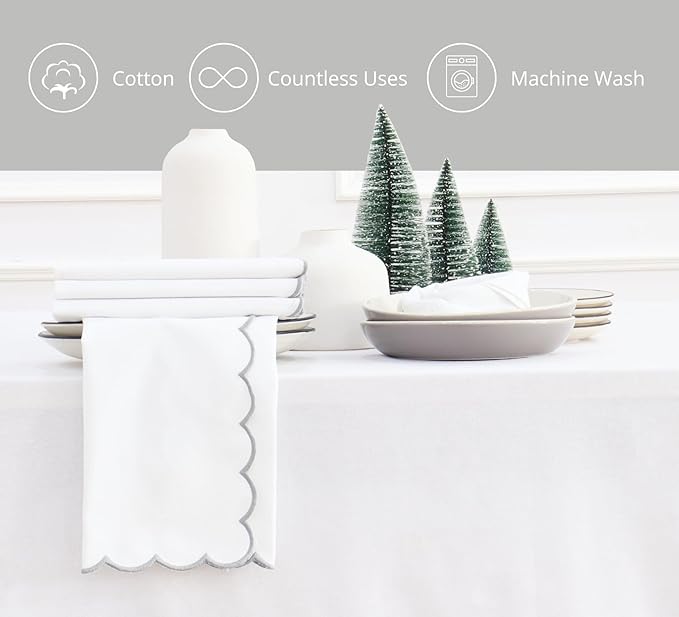 PurpleEssences Scalloped Embroidery Cloth Napkins Christmas Holiday Winter Table Decor 100% Cotton Set of 4-18 x 18 inch - White - Edges - Silver