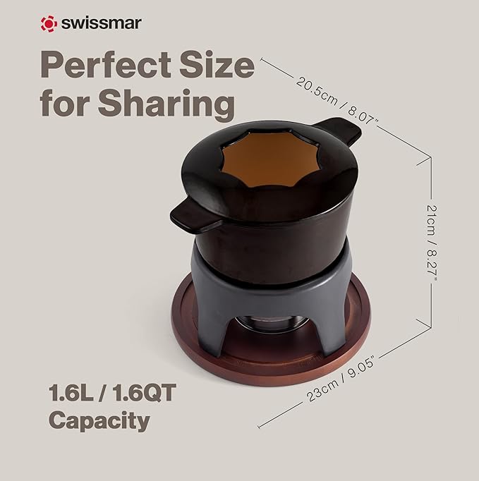Swissmar Sierra Cast Iron Fondue Set, 1.6 Quart / 1.6 Liter – Perfect for Meat, Cheese, & Chocolate Fondues – Ideal for Family Bonding & Hosting Gifts - 12-Pieces, Metallic Black