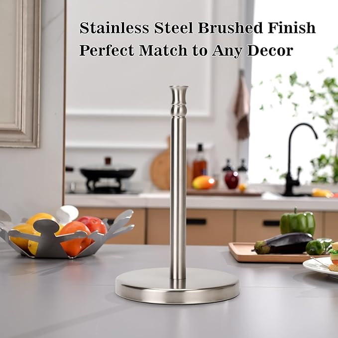 Paper Towel Holder Countertop, Standing Paper Towel Roll Holder for Kitchen Bathroom, with Weighted Base for One-Handed Operation, No Wobbly (Brushed Nickel)