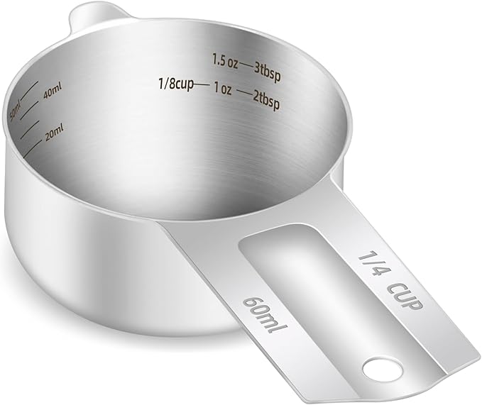 1PCS 1/4Cup (60ml, 2oz) Single Measuring Cup, Etched Inner Scale Stainless Steel Measure Scoop, Metric and US Measurement, Dishwasher Safe