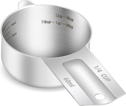 1PCS 1/4Cup (60ml, 2oz) Single Measuring Cup, Etched Inner Scale Stainless Steel Measure Scoop, Metric and US Measurement, Dishwasher Safe