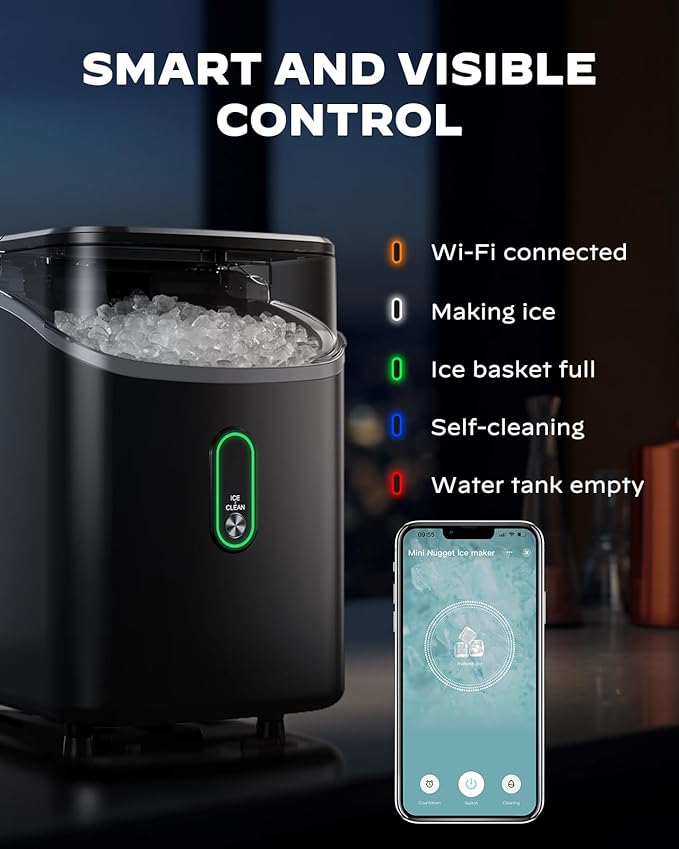 Silonn Nugget Ice Maker Countertop, WiFi Pebble Ice Machine with Soft Chewable Ice, Timer Function and Status Alerts with Silonn App, 33lbs/24H for Home, Kitchen, Office