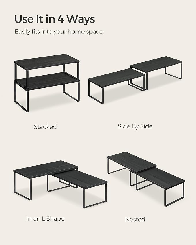 SONGMICS Cabinet Organizer Shelf, Set of 4 Kitchen Counter Shelves, Kitchen Storage, Spice Rack, Stackable, Expandable, Metal and Engineered Wood, Ink Black and Ebony Black UKCS028B01