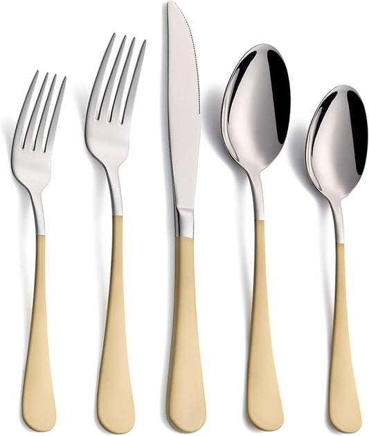 20-Piece Cream Color Silverware Set, 18/0 Stainless Steel Cream Color Handle Flatware Set, Service for 4,Modern Cutlery Set Includes Dinner Knives Forks Spoons,Mirror Polished,Dishwasher Safe