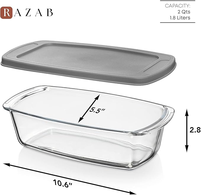 Razab LARGE 7.6 Cups/1800 ML/1.9 Qt Glass Loaf Pan with Lids - Meatloaf Pan BPA free Airtight Lids Grip Handle Easy Carry, Microwave and Oven Safe - Loaf Pans For Baking Bread, Cakes, Glass Loaf Pan