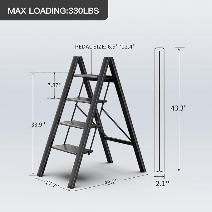 GameGem 4 Step Ladder Folding Step Stool with Anti-Slip Sturdy and Wide Pedal for Adults&Elderly, Aluminum Portable Lightweight Stepladder for Home Kitchen Office, Black, 330lbs