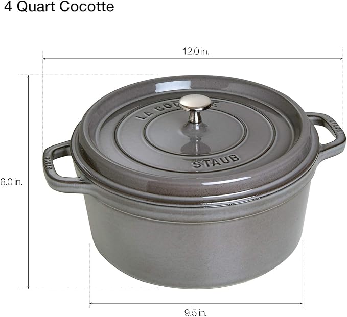 Staub Cast Iron Round Dutch Oven, Made in France, Graphite Grey, 4-qt, Serves 4-6 people
