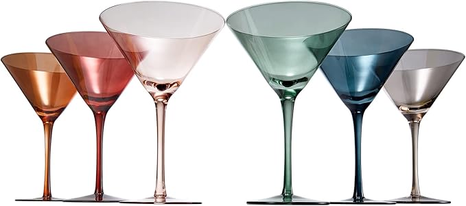 Colored Martini & Cocktail Crystal Glasses - 10oz | Set of 6 | Cute Pastel Muted Crystal Cocktail Glassware, Unique Gift Wife, Her, Mom, Friend Cocktails, Red & White Tall Stemmed Drinkware, Gifts