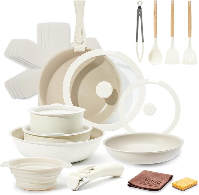 22Pcs Pots and Pans Set, Nonstick Cookware Sets, Cream White Induction Cookware Non Stick Ceramic Cooking Set with Frying Pans & Saucepans (PFOS, PFOA Free)