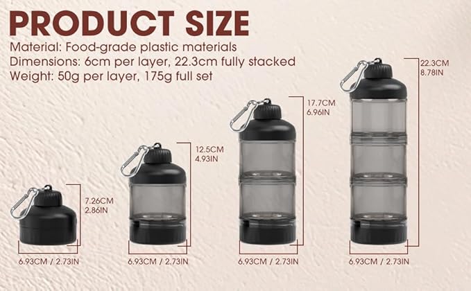 BYLWORKOUT 3 Layers Protein Travel Container with Funnel and Keychain | Cute Protein and Kitchen Storage Containers | Clear Plastic Kitchen Grade Box Organisers for Workout and Travel (Black)