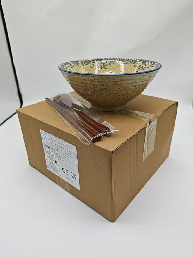 40 OZ ceramic ramen bowls, 8 IN large Japanese noodle soup bowl, match chopsticks and spoons, suitable for Pho, Udon Asian noodles (Japanese fish)