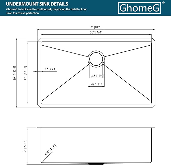 32x19 Undermount Kitchen Sink - GhomeG 32 Inch Deep Single Bowl kitchen sink 16 Gauge Stainless Steel Under Counter Kitchen Sink Basin With R10 Round Corners