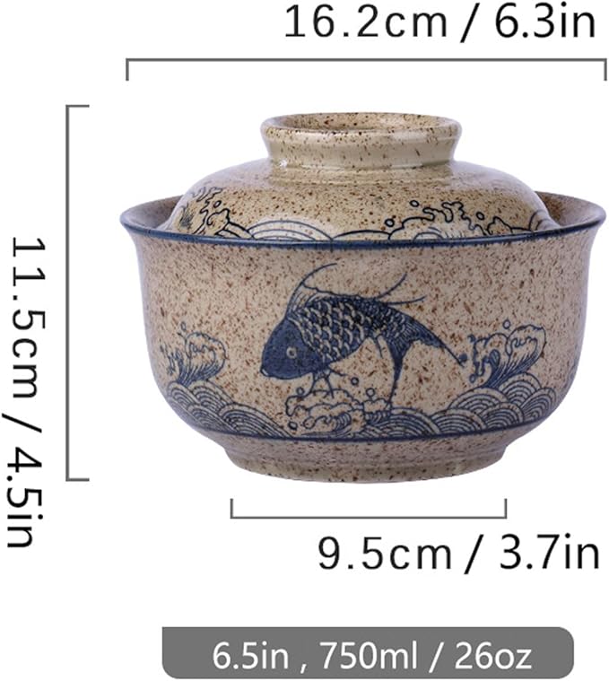 Ceramic Ramen Bowl Set, 800ml, with Lid, Spoon and Chopsticks, Japanese Vintage Large Soup Bowls Instant Noodle Bowl Asian Tableware (Fish*1)