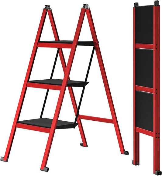 3 Step Ladder,Aluminum Ultra Thin Folding Step Stool,400 Lbs Capacity Heavy Duty with Anti-Slip Sturdy and Wide Tread,Closet Slim Step for Home,Kitchen and Office,Space Saving (Red, 3-Step)