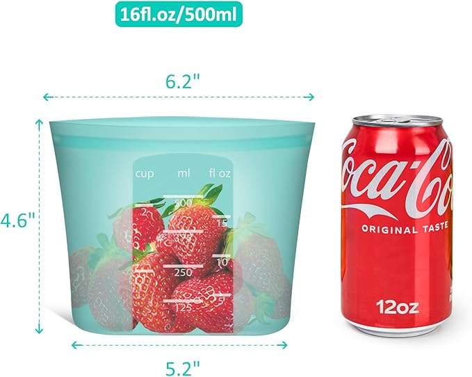 Reusable Snack Bags, 4 Pack, Stand Up 100% Silicone Reusable Storage Bag, Ziplock Silicone Food Storage Containers Snack Size, Freezer Microwave Oven Dishwasher Safe, Aqua, 16oz