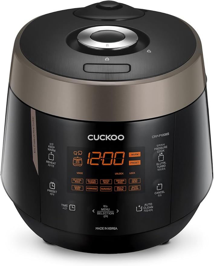 CUCKOO High Pressure Rice Cooker 10-Cup Uncooked / 20-Cup Cooked with Nonstick Inner Pot, Large Rice Maker with 13 Menu Options and Steam Plate, Fuzzy Logic Tech, Voice Guide, Black (CRP-P1009SB)
