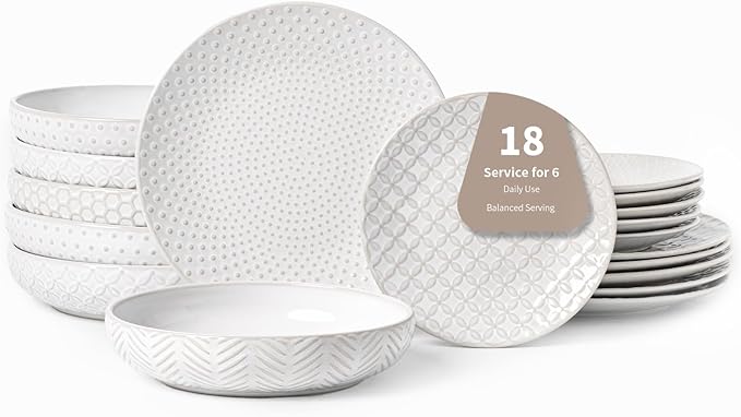 18-Piece Embossed Ceramic Dinnerware Set–6 Dinner Plates,6 Salad Plates,6 Pasta Bowls,Elegant & Durable Tableware,Dishwasher & Microwave Safe,Perfect for Family & Entertaining