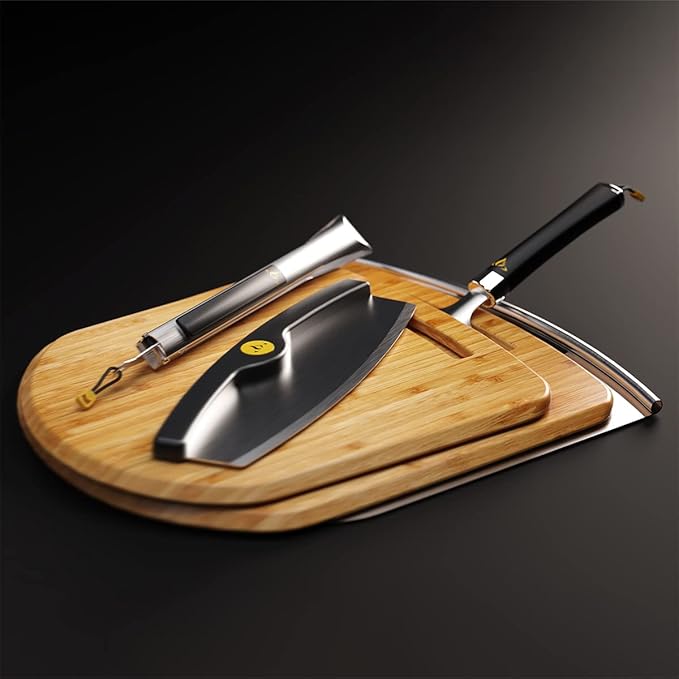 HALO Cook & Serve Pizza Kit | Premium Stainless-Steel Peel | Mezzaluna Style Pizza Cutter | Bamboo Cutting Boards | Quality Pizza Tongs