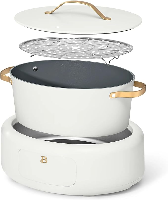 Beautiful 10-in-1 Electric Multi-Cooker by Drew Barrymore, 6-quart, digital display, 10 cooking functions, non-stick pot, easy one-touch control (White Icing)