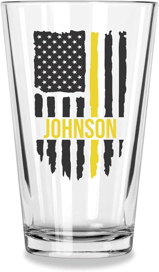 Blue Ridge Mountain Gifts - Thin Yellow Line Pint Glass - Personalized Dispatch Glass, 911 Dispatch Appreciation, Yellow Line Merch, First Responders Gift, Custom Barware, Thin Gold Line American Flag