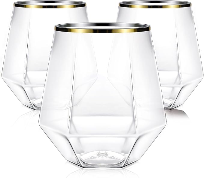 40 Pcak Plastic Stemless Wine cocktail Whiskey Champagne Glasses, 12 Oz Gold Rim Disposable Clear Unbreakable Cups for Party Bars Wedding Tasting (Diamond-shaped)