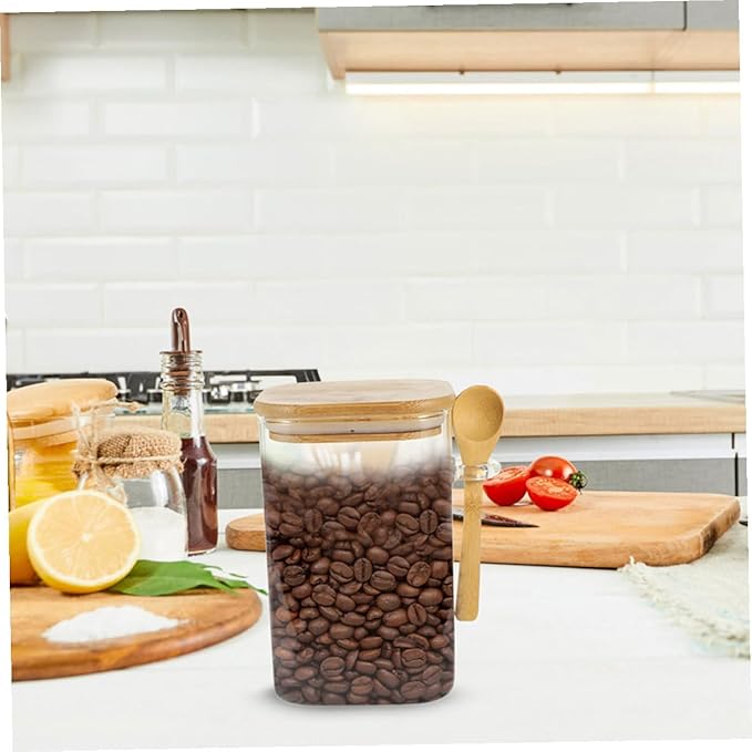 2 Sets Glass Food Storage Containers with Wood Lids and Spoons Airtight Sealed Clear Coffee Bean Holders and Tea Pots Easy Scoop Kitchen Pantry Jars for Freshness and Meal Prep