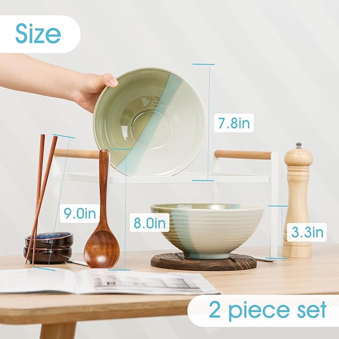 NUTRIUPS Set of 2 Ceramic Ramen Bowls with Spoons & Chopsticks, 40oz Large Soup Bowls for Udon, Miso, Noodles (Tri-Color Modern)