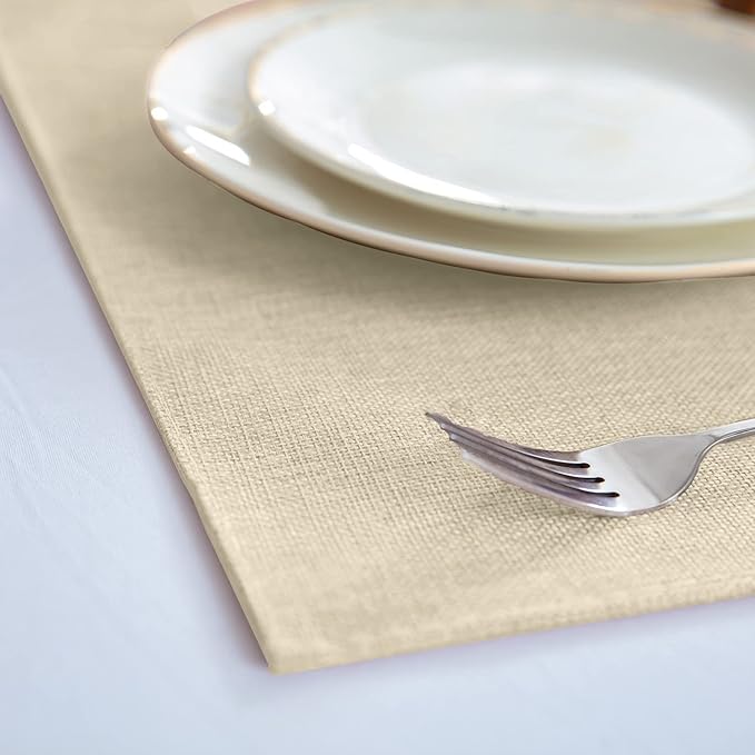 Linen Fabric Placemats Set of 4, Machine Washable, Heat Resistant, Wrinkle Free, Thick Polyester Kitchen Place Mats for Dining Table (Beige)