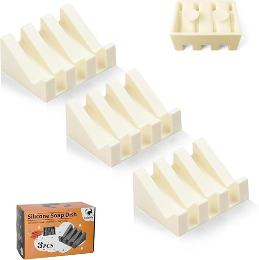 Self Draining Soap Dish,Silicone Suction Cup Soap Holder, Bathroom Soap Dish for Bar Soap,Can Extend Soap Life,Bathroom, Bath Tub, Kitchen Sink (3, Cream White)