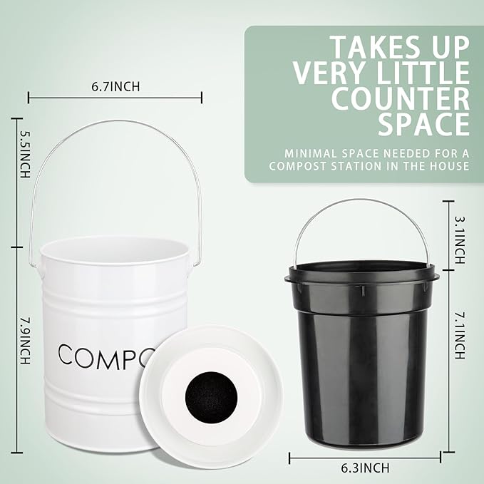 Vipush Compost Bin with Lid Small Countertop Compost Bin includes Inner Liner & 3 Charcoal Filters, White